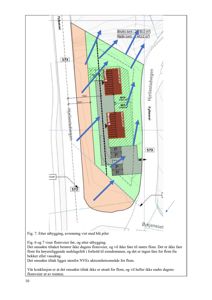 Situasjonsplan som viser eiendomsform, bygningers plassering, arealer (brutto/netto tomt) og flomveier før og etter utbygging.