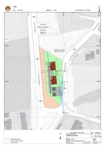 Situasjonsplan som viser tomtens beliggenhet, grenser, høydemålerkurver, planlagt bebyggelse og arealopplysninger.