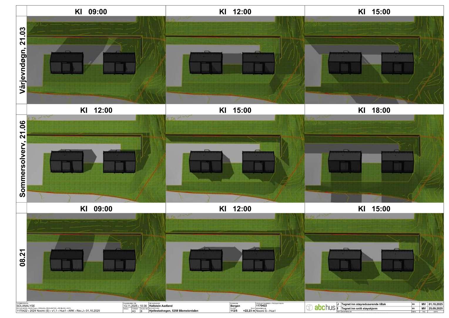 En samling av 3D-visualiseringer (renderinger) som viser skyggefall på en tomt ved ulike tidspunkter og årstider.