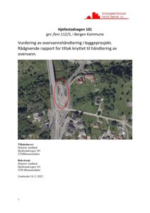 Flyfoto av tomt ved Hjellestadvegen 101 med en rød sirkel som markerer et område for overvannshåndtering.