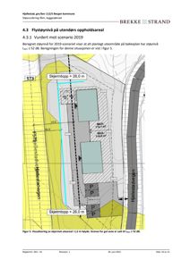 Situasjonsplan som viser bygningens plassering i forhold til veier (F573, Hellestadvegen), støysoner (gult område) og skjerming.