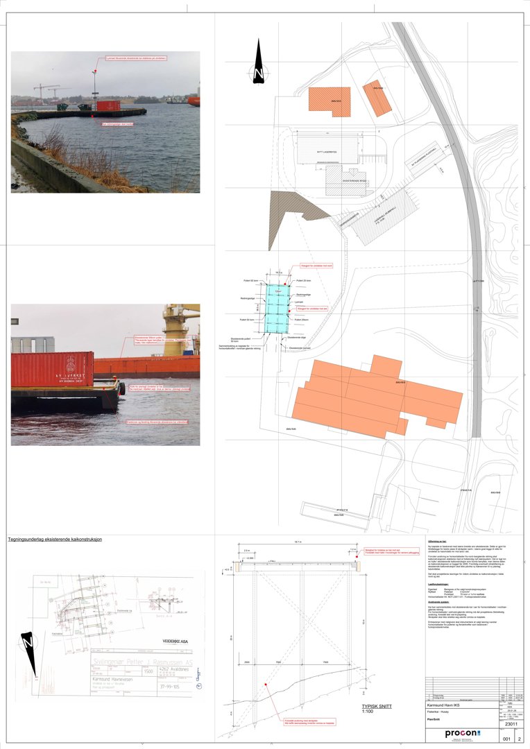 Et sammensatt bilde som viser to foton av en kai-konstruksjon (en rød container på kai og en gaffeltruck) kombinert med en situasjonsplan og en teknisk detaljtegning av selve kaien.