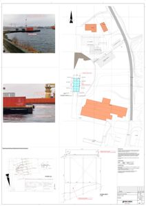 Et sammensatt bilde som viser to foton av en kai-konstruksjon (en rød container på kai og en gaffeltruck) kombinert med en situasjonsplan og en teknisk detaljtegning av selve kaien.