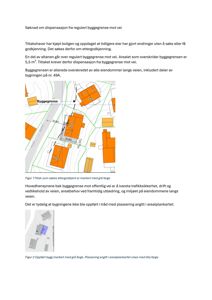 Bildet viser en situasjonsplan eller et kart som illustrerer eiendomsforhold, byggegrenser og plassering av bygninger i forhold til en vei.