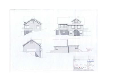 Fasadetegning som viser bygningens utsyn fra fire ulike vinkler (f.eks. front, side og bakside).