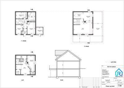 Bildet viser etasjeplaner (1. etasje, 2. etasje, loft) og et snitt av en bygning.