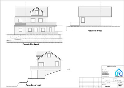 Fasadetegning som viser bygningens utseende fra tre ulike retninger (Nordvest, Sørøst og Sørvest).