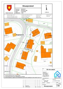 Situasjonsplan som viser eiendomsforhold, byggegrense, nabolag og tomtelengder for eiendommen Snøveien 49B.