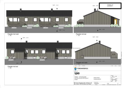 Fasadetegning som viser bygningens utseende fra alle fire sider (øst, vest, sør, nord) med snittlinjer og detaljer.