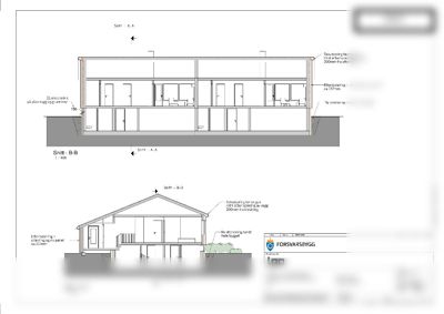Snittegning (Snitt A-A og B-B) som viser bygningens tverrsnitt, romfordeling og konstruksjonsdetaljer.