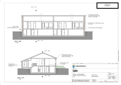 Snittegning (Snitt A-A og B-B) som viser bygningens tverrsnitt, romfordeling og konstruksjonsdetaljer.