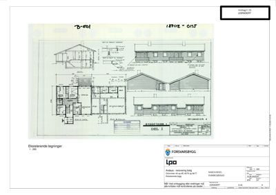 Fasadetegning med oppriss av bygning sett utenfra, inkludert snitt og detaljer