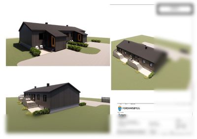 Tre 3D-visualiseringer av en planlagt eller ombygd bolig (Andøya) sett fra ulike vinkler.