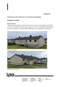 To fotografier av en tomannsbolig med tekster som beskriver veggene og fasaden.