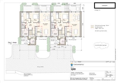 Etasjeplan (1. etasje) som viser romfordeling, dimensjoner og endringer i en bygning.