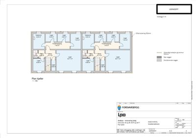 Plantegning av kjelleretasje med romoppdeling, arealer og veggtyper
