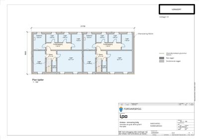 Etasjeplan for kjelleretasje (Plan kjeller) som viser romfordeling, arealer og vegger.