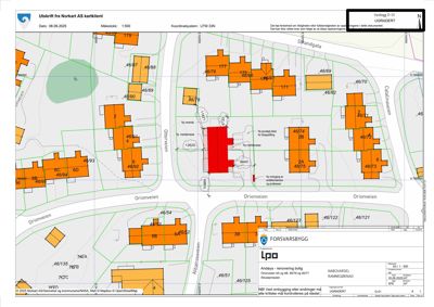 Situasjonsplan som viser tomtedeling, eiendomsnummer, veinavn og bygningsspor for et område i Oslo (Orionveien).