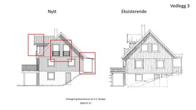 Fasadetegning som viser en eksisterende og en nytt forslag til bygning med markerte endringer.