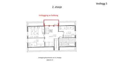 Etasjeplan for 2. etasje med romfordeling og innbygging av balkong