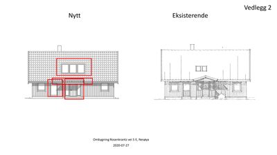 Fasadetegning som viser en eksisterende bygning og en planlagt endring (nytt), med fokus på vinduer og inngang.