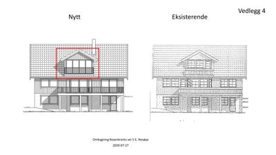Fasadetegning som viser en eksisterende bygning og en planlagt endring (nytt) med en utvidelse av et vindu.
