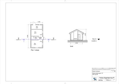 Bildet viser en tegning med etasjeplan (Plan 1. etasje) og et snitt (Snitt) av en bygning, inkludert romnavn og mål.
