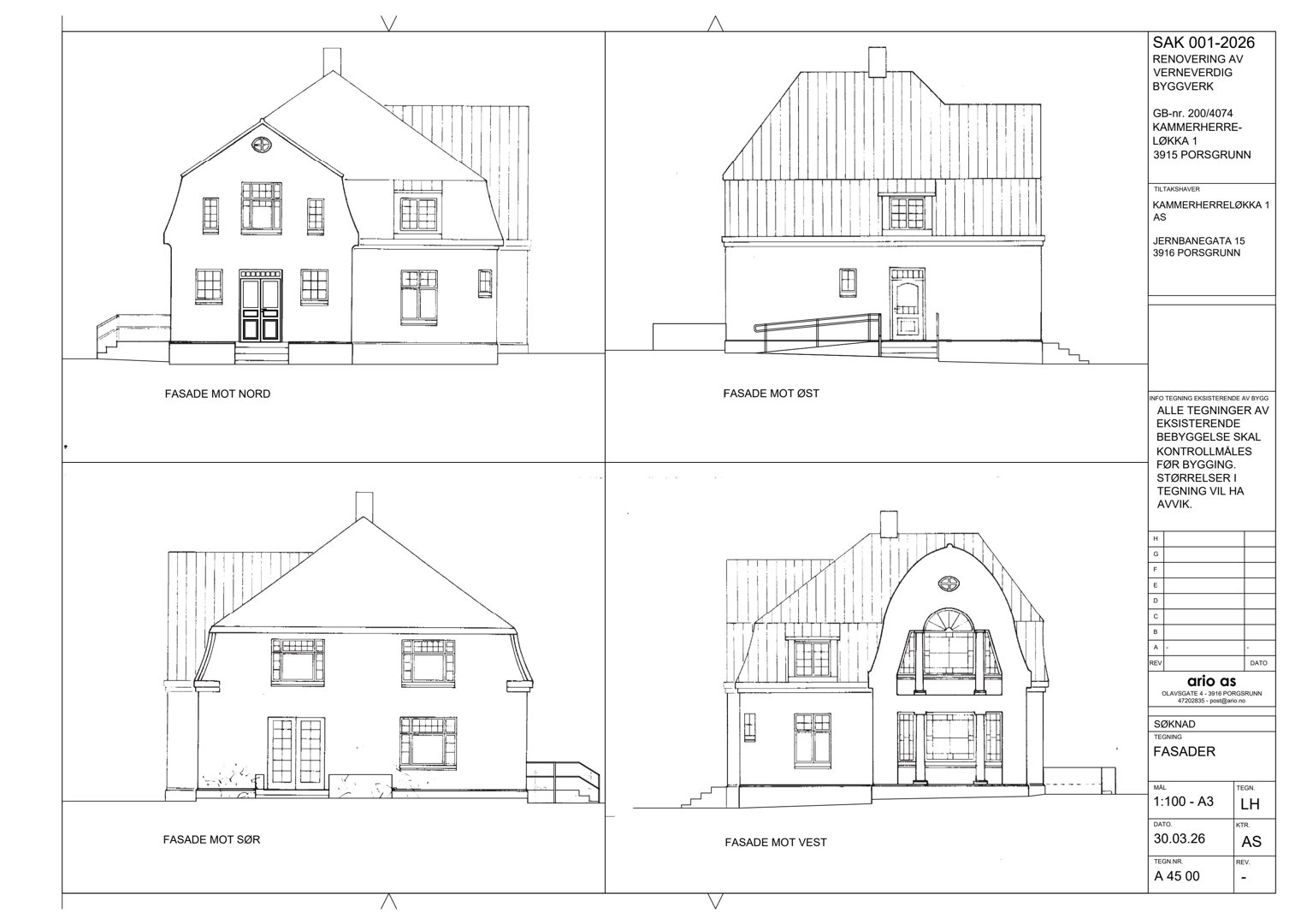 Fasadetegninger som viser bygningens utsyn mot nord, øst, sør og vest.