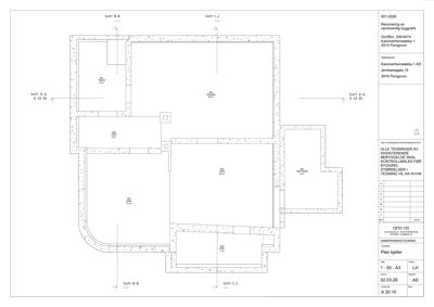 Plantegning av kjelleretasje (Plan kjeller) med romfordeling, veggtykkelse og arealoppdelinger.