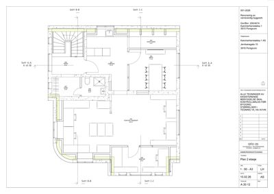 Etasjeplan for 2. etasje i en bygning under renovering, som viser romfordeling, stueplassering og snittreferanser.