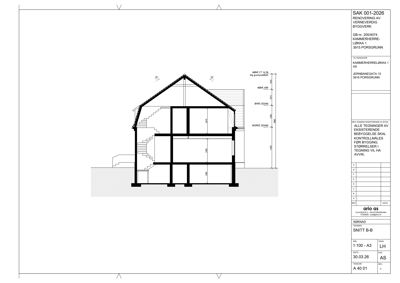 Snittegning (SNITT B-B) som viser bygningens tverrsnitt, høyder, etasjer og konstruksjon.