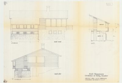 Fasadetegning som viser bygningens utseende fra flere vinkler (mot vest og mot sør) samt et snitt (snitt) som viser innvendig høyde og romfordeling.