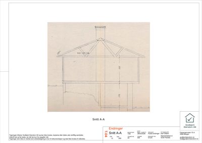 Snittegning (Snitt A-A) som viser tverrsnittet av en bygning med mål og konstruksjonsdetaljer.