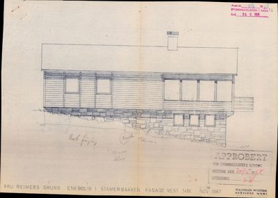 En håndtegnet fasadetegning (vestfasade) av en enebolig, tegnet i 1967.