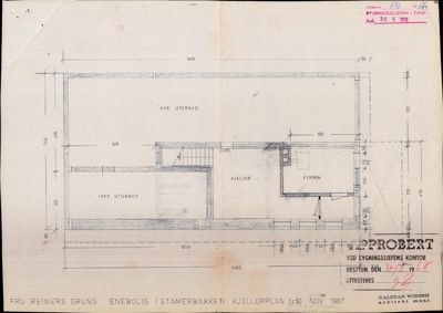 Kjellerplan for en enebolig i Stamerbakken, med romfordeling, dimensjoner og merking av utgraving.