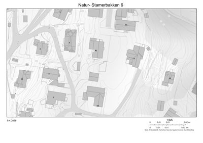 Situasjonsplan for Natur- Stamerbakken 6 som viser tomtens beliggenhet, topografi og nabolag.