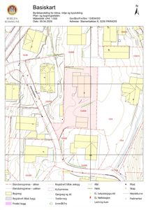Et basiskart (tomtekart) fra Bergen kommune som viser eiendomsgrenser, bygninger, vegnett og topografi for Stamerbakken 6.