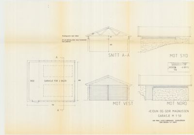 Tegning som viser fasadeoppsett (mot vest, nord, syd) og snitt (A-A) for en garasje.