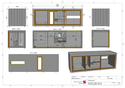 En tegning som viser tverrsnitt (snitt) av en modulær bygning. Den inneholder både et snitt gjennom romfordelingen (D-D) og fasadeutsnitt (B-B, C-C, E), samt en 3D-visualisering av bygningen.
