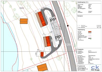 Situasjonsplan som viser tomtens form, bygningers plassering, arealberegningsdata og prosjektinformasjon.
