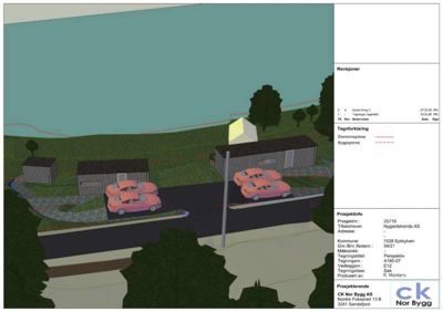 3D-visualisering (rendering) av et byggeprosjekt med to bygninger, parkeringsplasser og omgivende terreng.