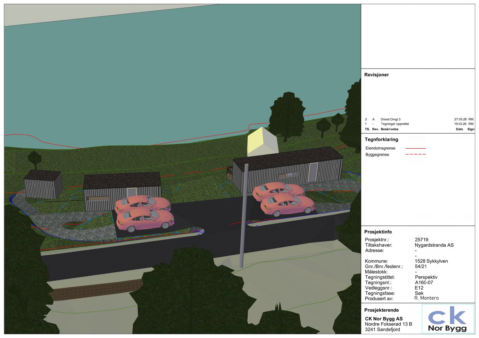 3D-visualisering (rendering) av et byggeprosjekt med to bygninger, parkeringsplasser og omgivende terreng.