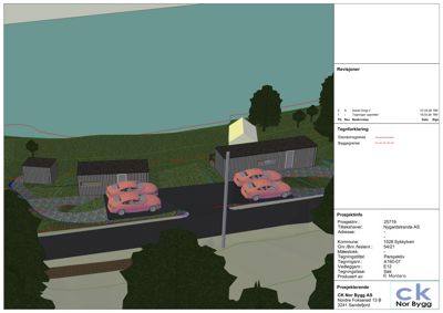 3D-visualisering (rendering) av et byggeprosjekt med to bygninger, parkeringsplasser og omgivende terreng.