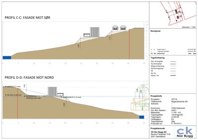 Tegning som viser terrengprofil og nivåer langs fasade mot sør og nord.