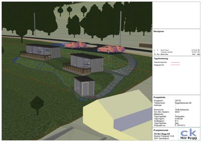 3D-visualisering (rendering) av et forslag til plassering av tre containerbygg på en tomt med omgivende vegetasjon og vei.