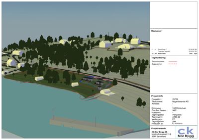 3D-visualisering (rendering) av et prosjektert bygganlegg i et landskap med vann og skog.