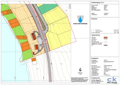 Situasjonsplan som viser tomtens beliggenhet, bygningers plassering, vei, og arealberegning.