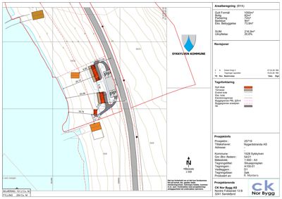 Situasjonsplan som viser tomtens beliggenhet, topografi, eksisterende og planlagt bebyggelse, samt arealregning og prosjektinformasjon.