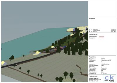 3D-visualisering (rendering) av et byggeprosjekt sett fra en vinkel som viser både bygninger, terreng og omgivelsene.