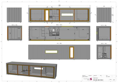 Snittegning (A-A) av en containerbolig som viser romfordeling, innredning og konstruksjonsdetaljer.
